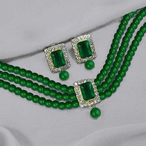 Women's  Gold Plated Handcrafted  Green Stone Studded Pearl Choker Necklace Jewellery Set With Earrings - i jewels