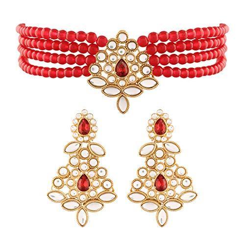 Women's Gold Plated Maroon Kundan with Beads Choker Necklace Set - i jewels