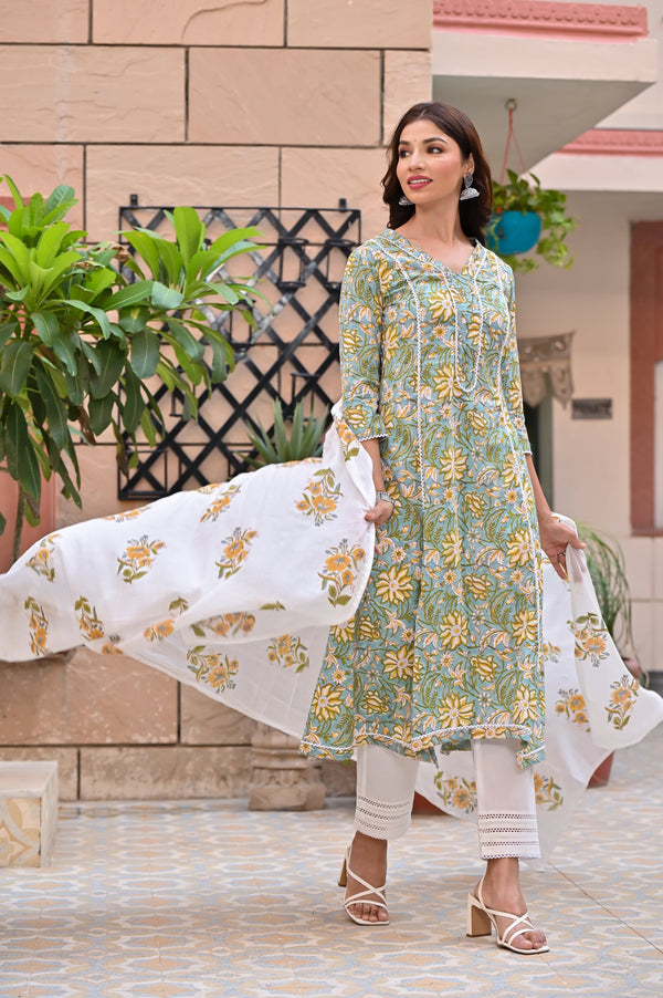 Women's Olive Floral Hand Block Kurta Palazzo Dupatta Set - Hatheli