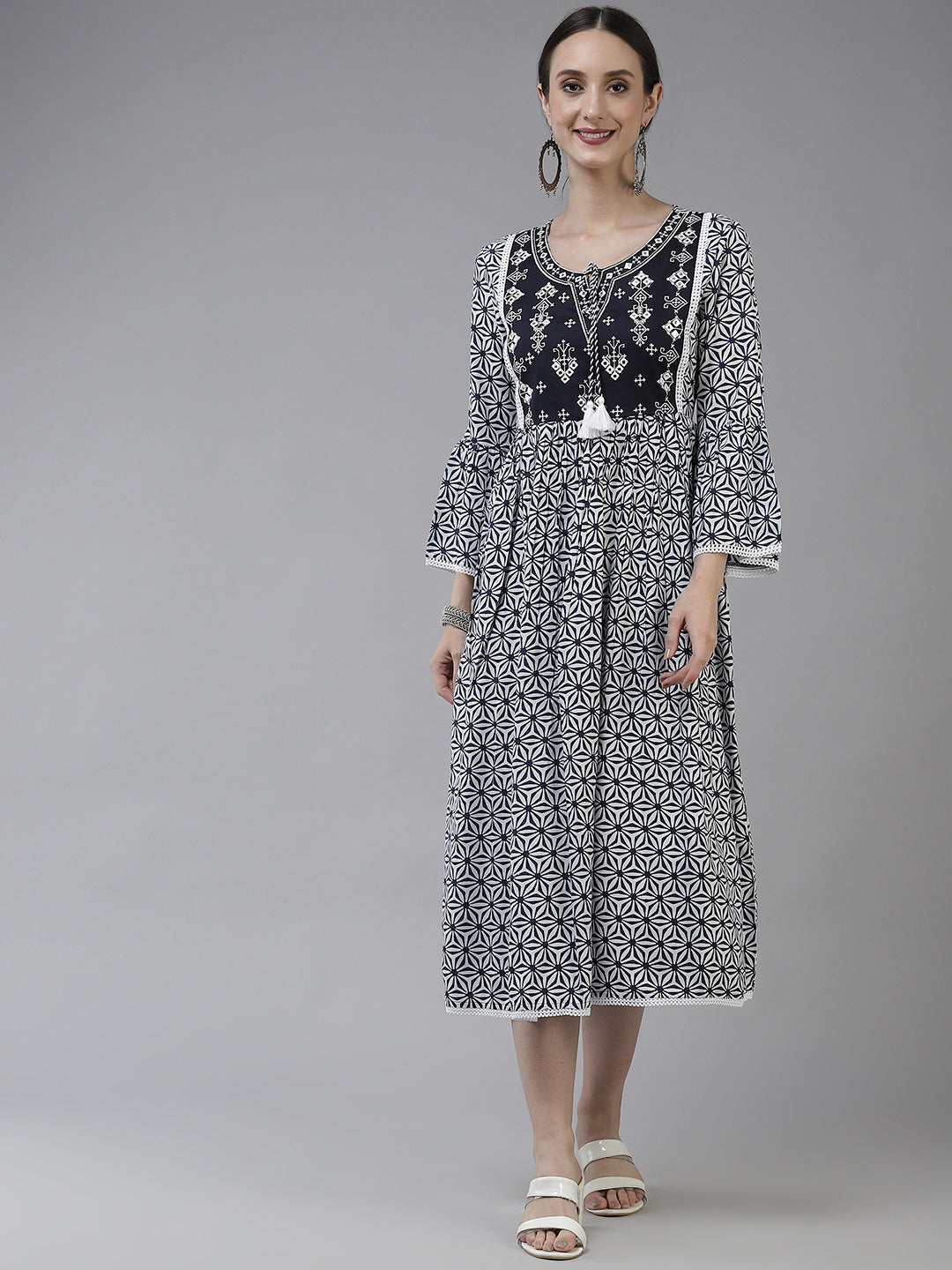 Women's Navy Blue And White Embroidery Midi Length Dress - Yufta