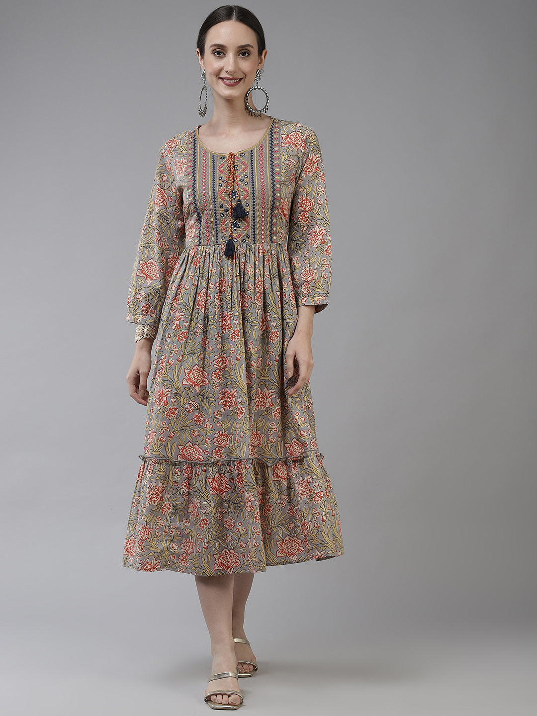 Women's Grey Floral Print Embroidery Layered Dress - Yufta