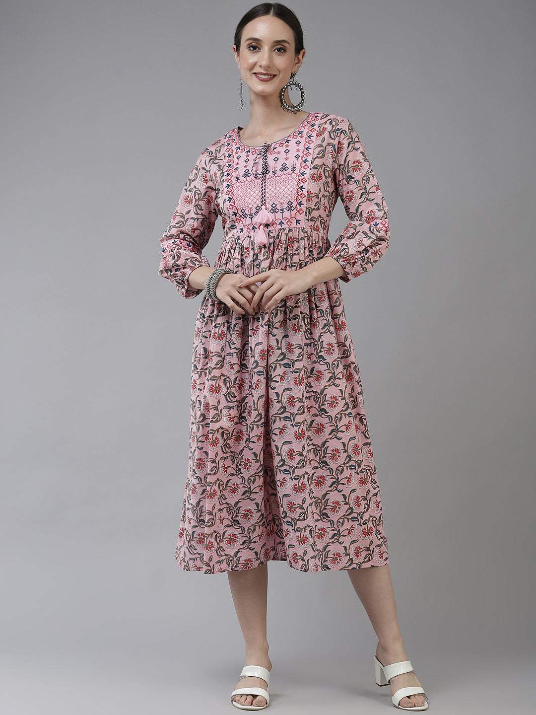 Women's Pink Floral Print Embroidery Midi Length Dress - Yufta