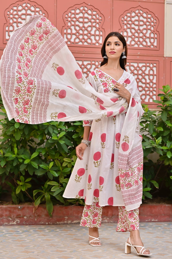 Women's White & Pink Floral Hand Block Kurta Palazzo Dupatta Set - Hatheli