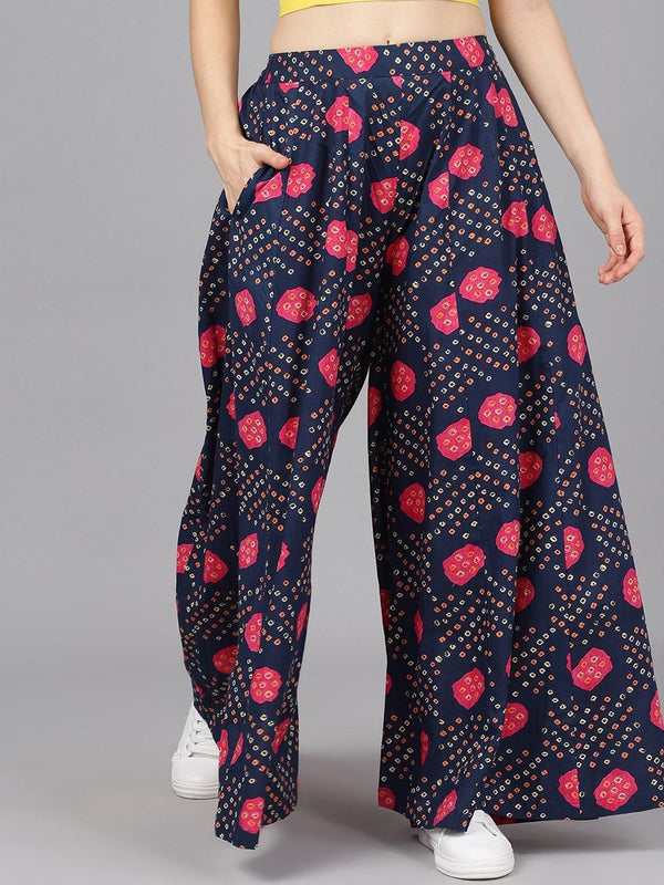 Women's  Navy Blue & Pink Bandhani Printed Flared Palazzos - AKS