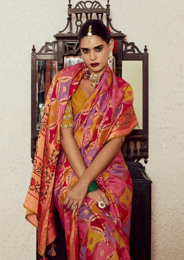 Women's Brasso Weaving Contemporary Saree In Multi Colour With Unstiched Blouse - Monjolika Fashion