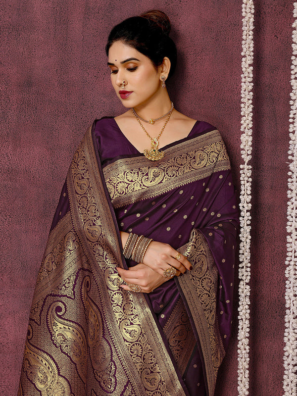 Women's Wine Zari Work Silk Blend Classic Saree With Unstiched Blouse - Monjolika Fashion