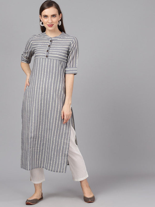 Women's  Grey & White Printed Straight Kurta - AKS