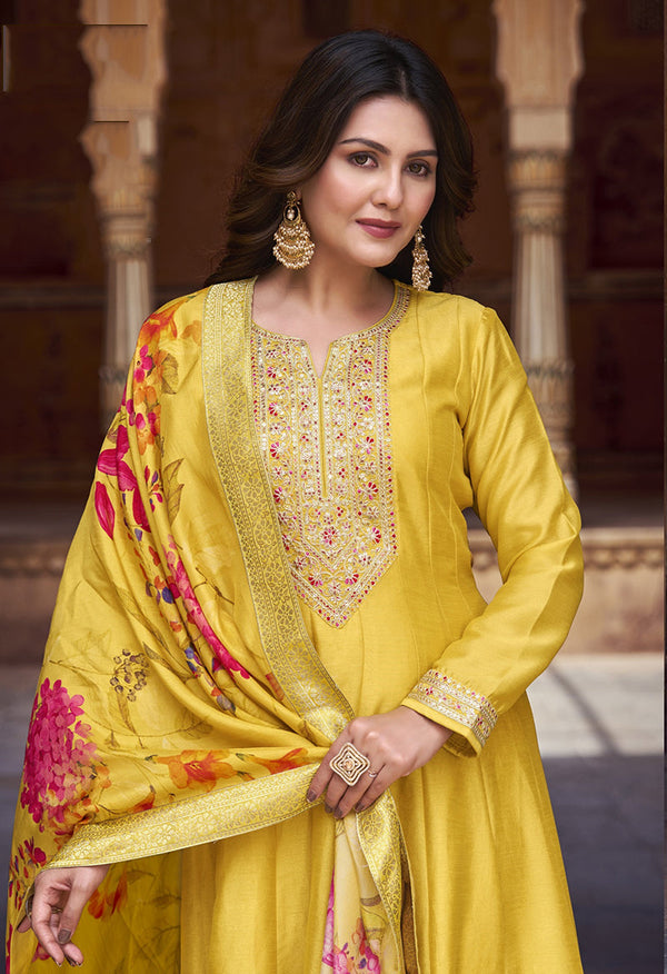 Women's Yellow Silk Embroidered Salwar Kameez - Monjolika Fashion