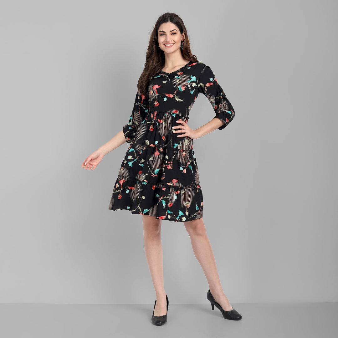 Women's Crepe Printed Black Flared Dress - Singni