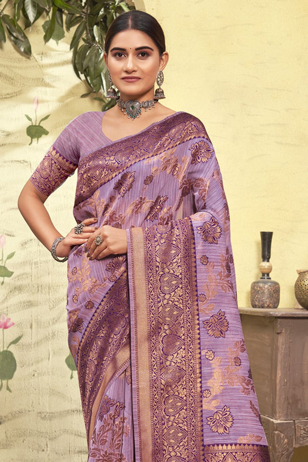 Women's Purple Cotton Woven Zari Work Traditional Tassle Saree - Sangam Prints