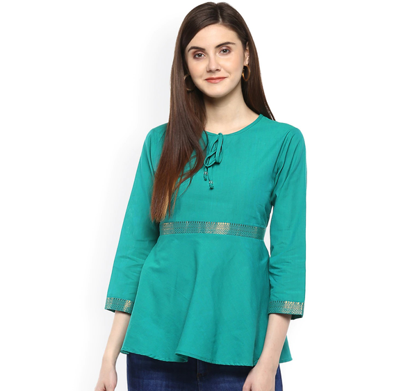 Women's  Sea Green Solid Peplum Top - Wahe-NOOR