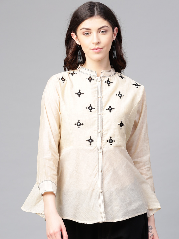 Women's  Beige Self-Design Top - Wahe-NOOR