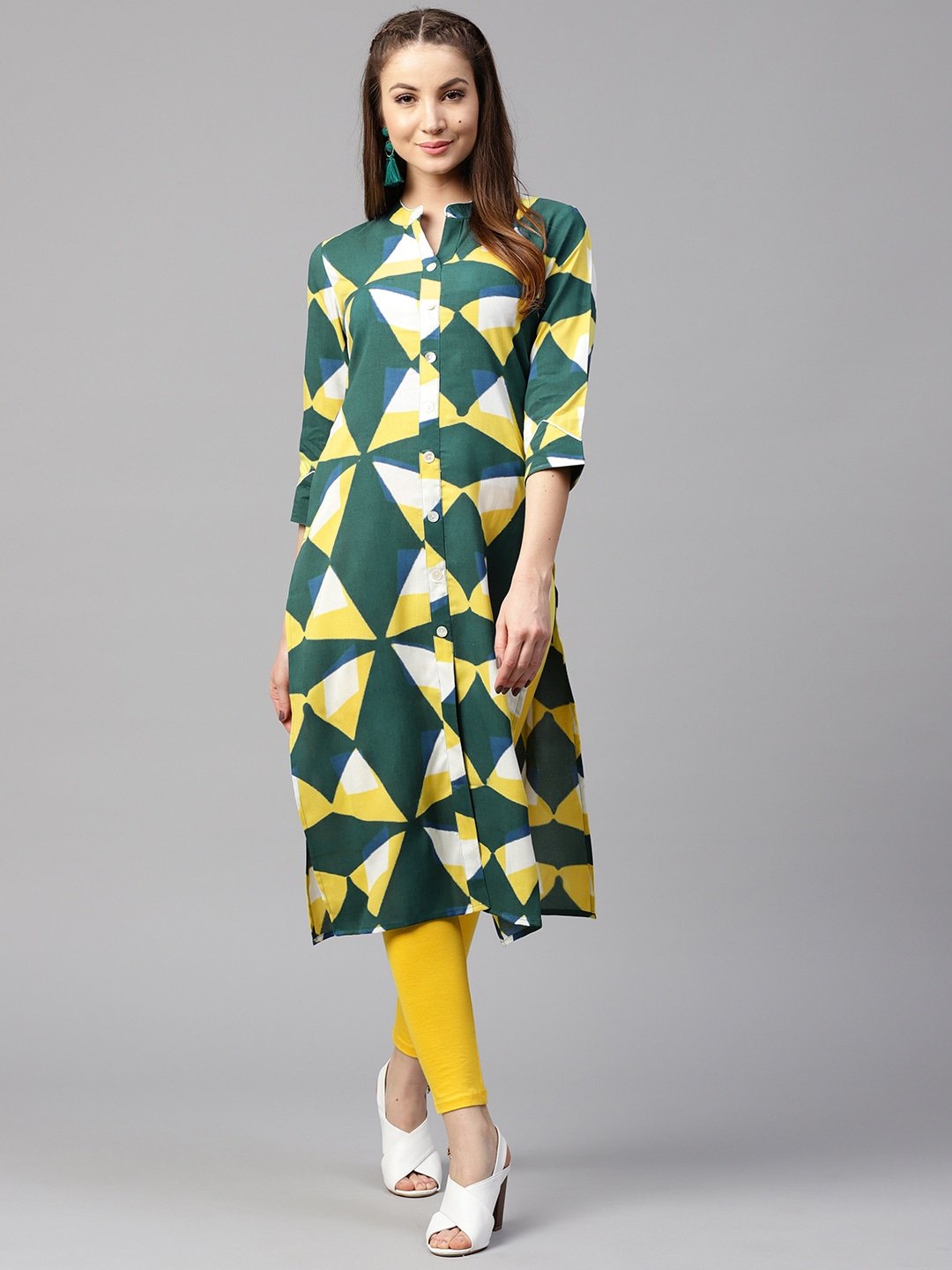 Women's Green & Yellow Straight Kurta - Yufta