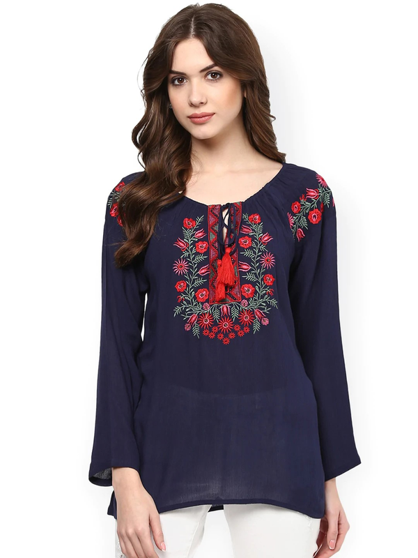 Women's  Navy Blue Embroidered Semi-Sheer Top1 - Wahe-NOOR