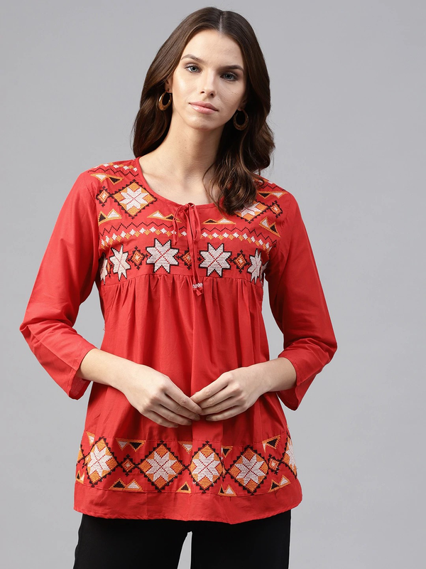 Women's  Red Embroidered Top - Wahe-NOOR