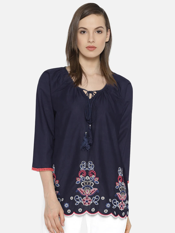 Women's  Navy Blue Embroidered Top - Wahe-NOOR