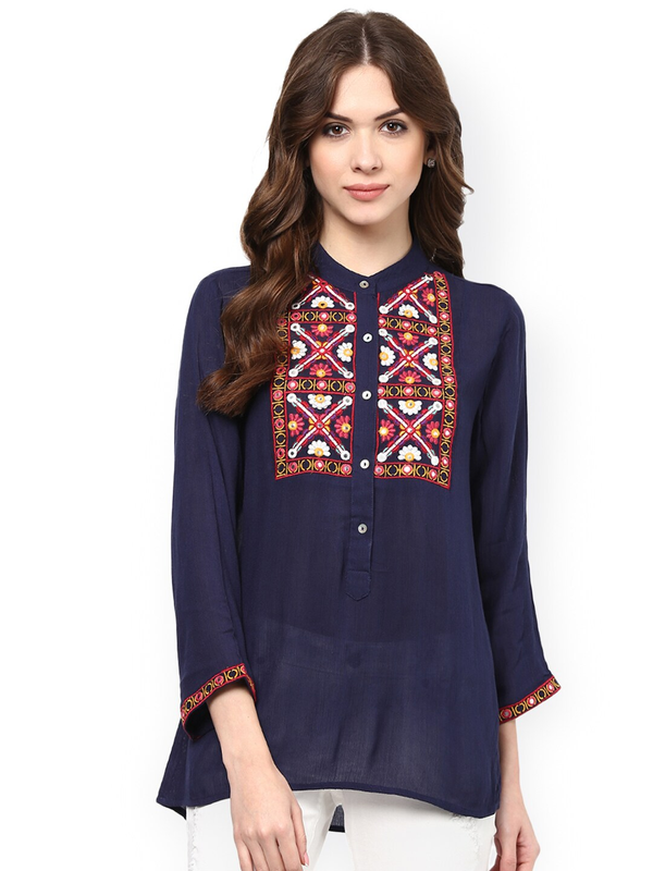 Women's  Navy Blue Embroidered Semi-Sheer Top - Wahe-NOOR