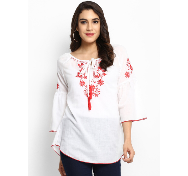 Women's  Off-White A-Line Top With Embroidery - Wahe-NOOR