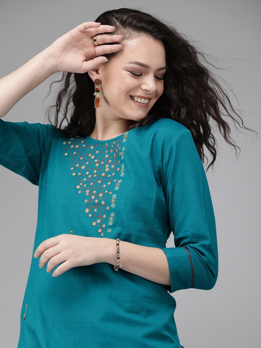 Women's Teal Blue Straight Kurta - Yufta