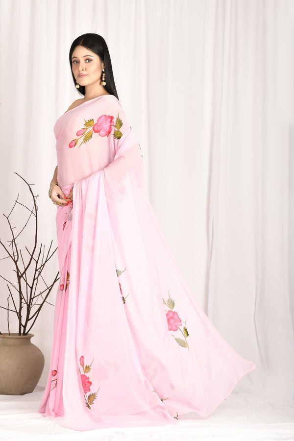 Women's Hand Painted Pink Saree With All-Over Vegetable Dyes With Blouse - Saras The Label