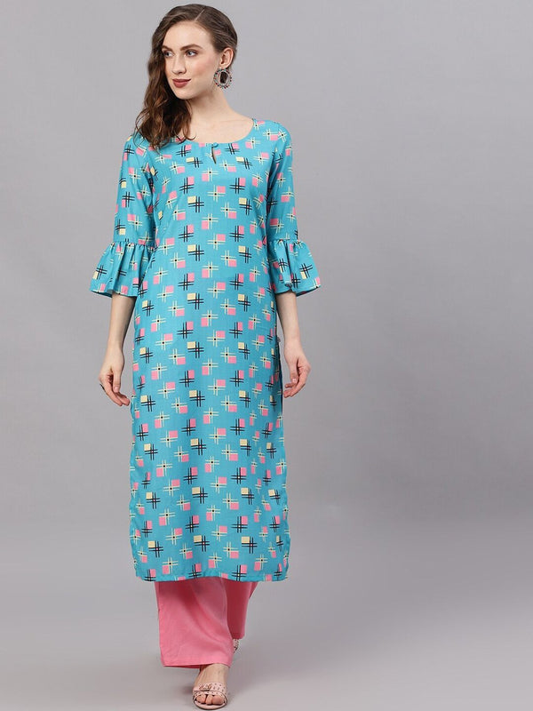 Women's  Blue & Pink Printed Straight Kurta - AKS