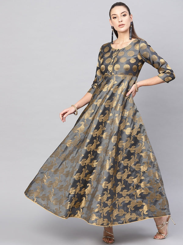 Women's  Charcoal Grey & Golden Self Design Empire Maxi Dress - AKS