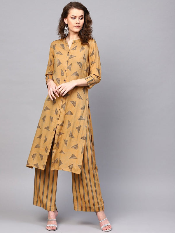 Women's  Beige & Grey Printed Kurta with Palazzos - AKS