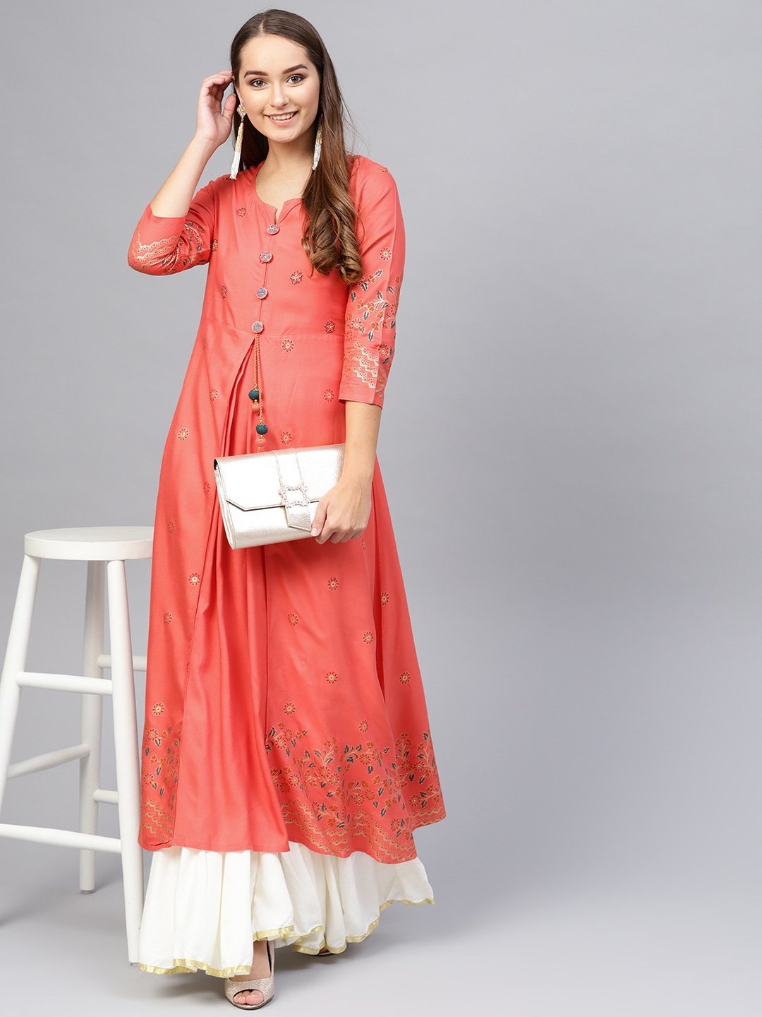 Women's Coral & Golden A-Line Kurta - Yufta