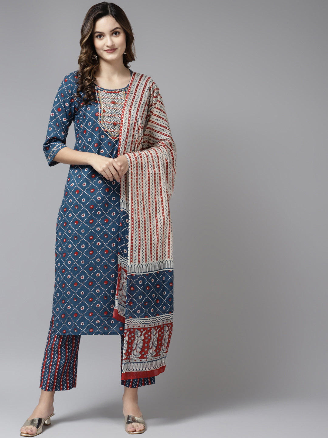 Women's Blue Printed Pure Cotton Kurta With Palazzos & With Dupatta - Yufta