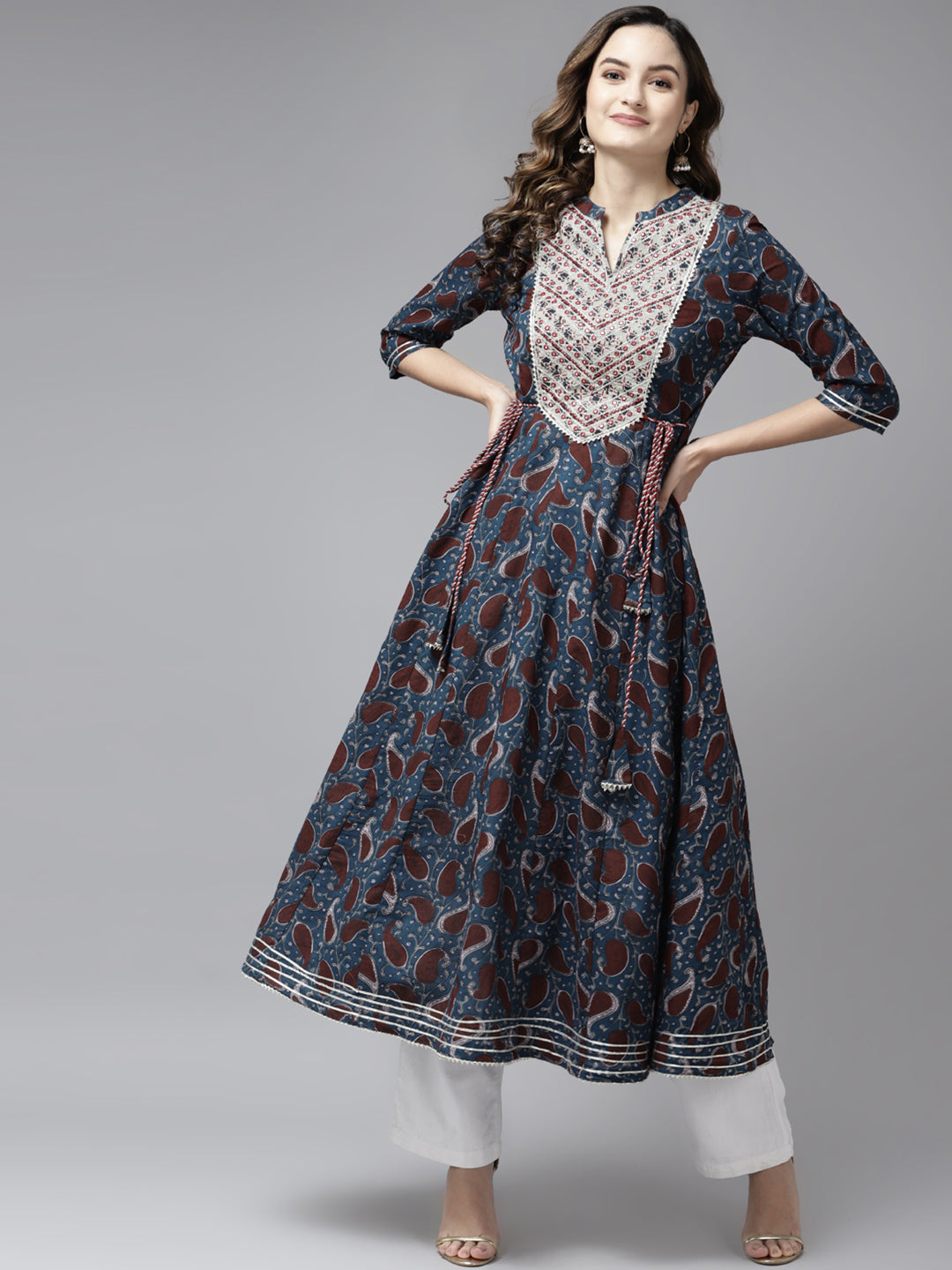 Women's Teal Blue & Rust Red Ethnic Motifs Printed Pure Cotton Anarkali Kurta - Yufta