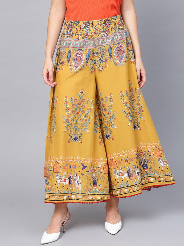 Jashvi Mustard Ethnic Motif Printed Flared Cotton Women Palazzo With One Pocket