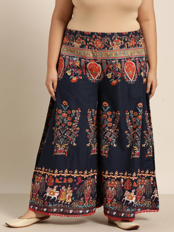 Women's Indigo Cotton Printed Flared Palazzo - Juniper