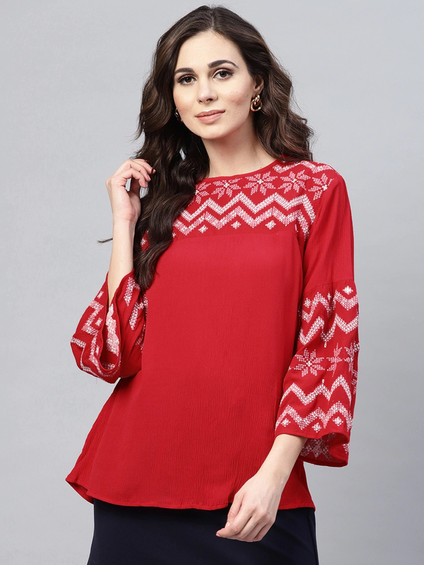 Women's  Red Embroidered Detail A-Line Top - Wahe-NOOR