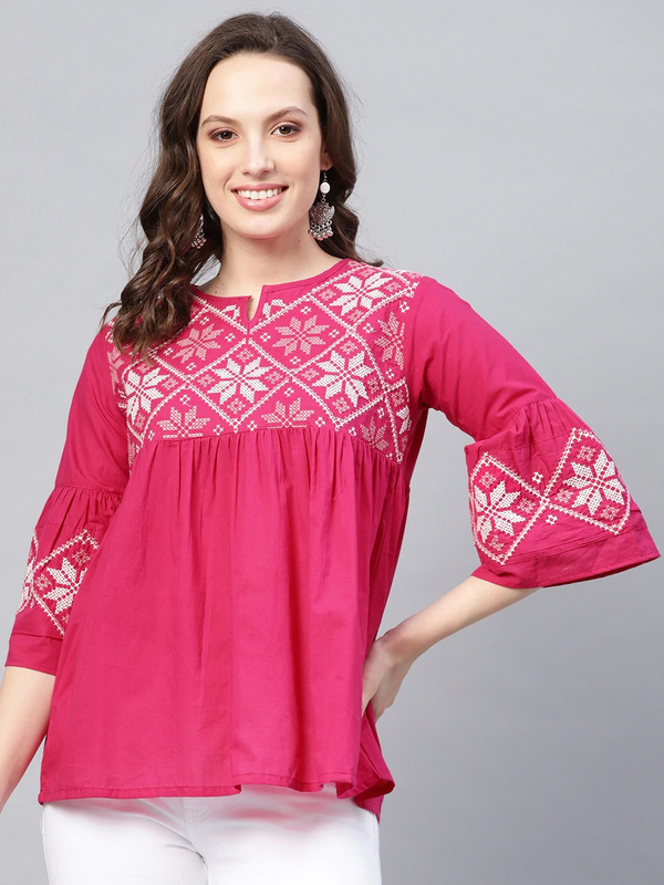 Women's  Pink Embroidered Empire Top - Wahe-NOOR