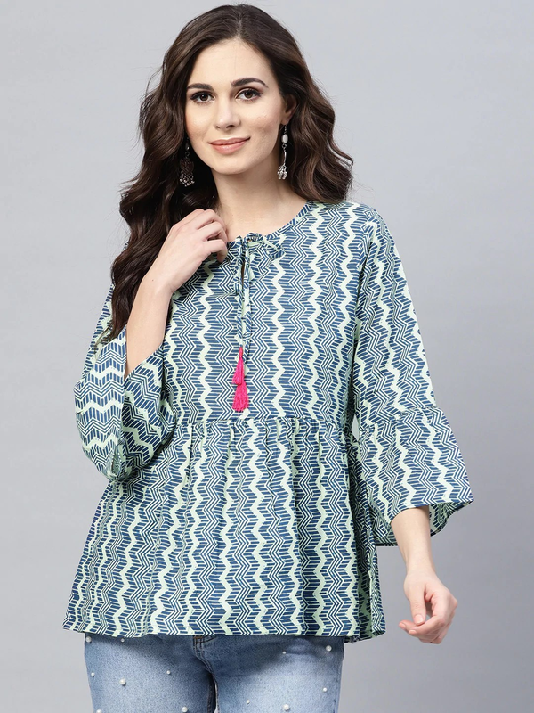 Women's  Blue & Off-White Chevron Print A-Line Top - Wahe-NOOR