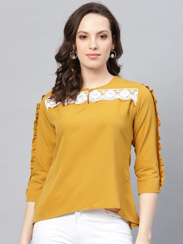 Women's  Mustard Yellow Solid High-Low Top - Wahe-NOOR