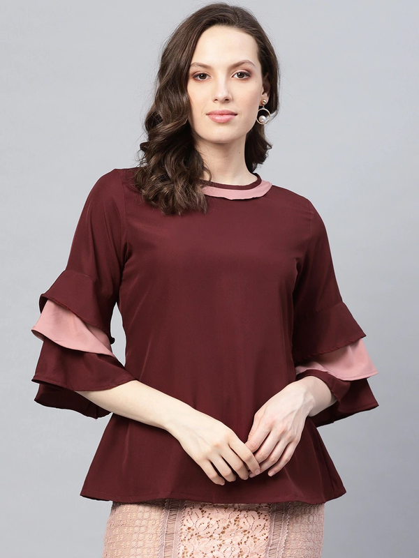 Women's  Burgundy Solid A-Line Top - Wahe-NOOR