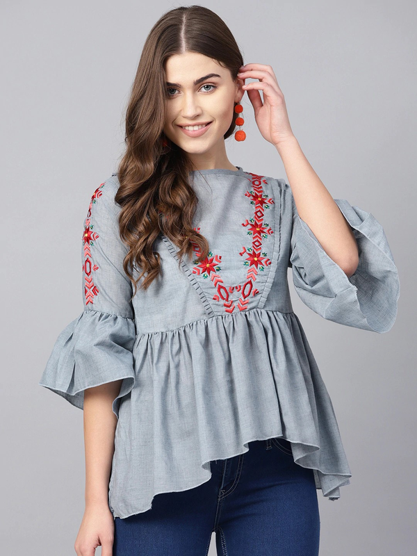 Women's  Blue & Red Embroidered Detail A-Line Top - Wahe-NOOR