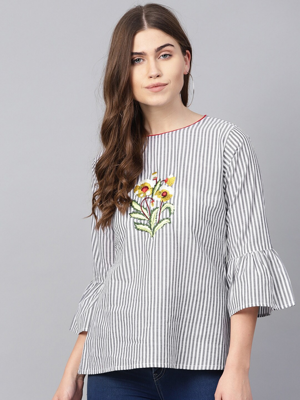 Women's  White & Navy Blue Striped Top - Wahe-NOOR