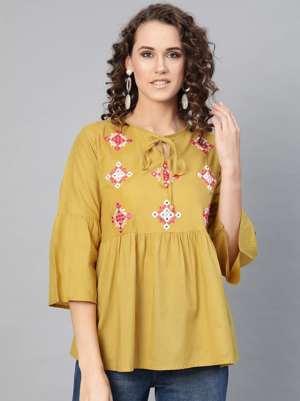 Women's  Mustard Yellow Solid Mirror Work A-Line Top - Wahe-NOOR