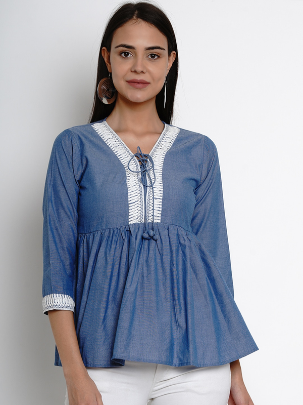 Women's  Blue Lace Detail Empire Top - Wahe-NOOR