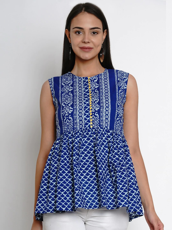 Women's  Blue Printed Peplum Top - Wahe-NOOR