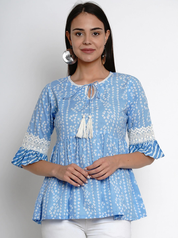 Women's  Blue & White Printed Empire Top - Wahe-NOOR