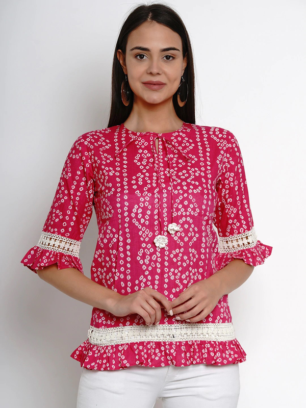 Women's  Pink Bandhini Print Frill Detail Top - Wahe-NOOR