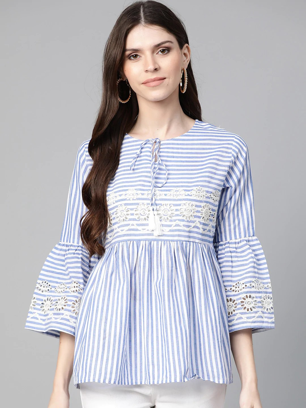 Women's  Blue & White Striped A-Line Top - Wahe-NOOR