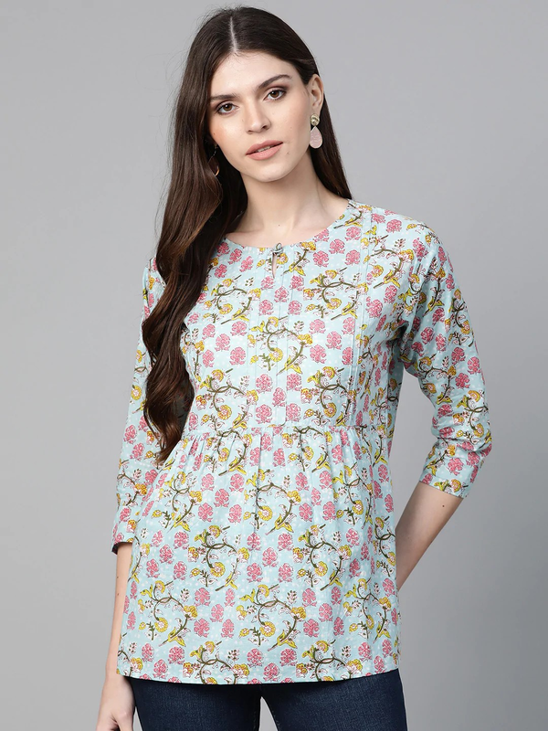 Women's  Blue & Pink Floral Print A-Line Top - Wahe-NOOR