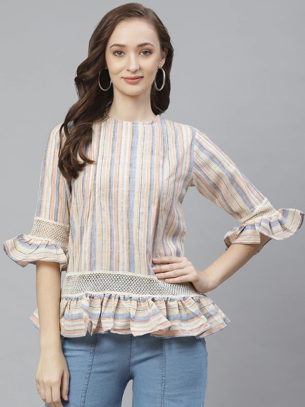 Women's  Off-White & Blue Striped Linen Top - Wahe-NOOR