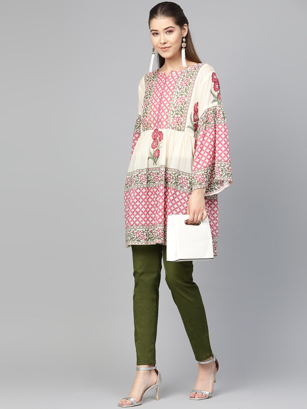 Women's  Beige & Pink Printed Tunic - Wahe-NOOR