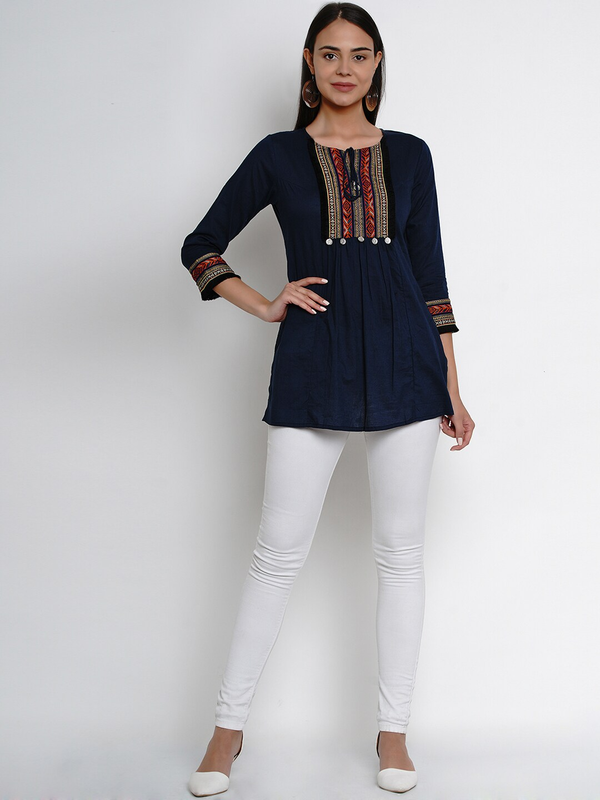 Women's  Navy Blue Solid Tunic - Wahe-NOOR