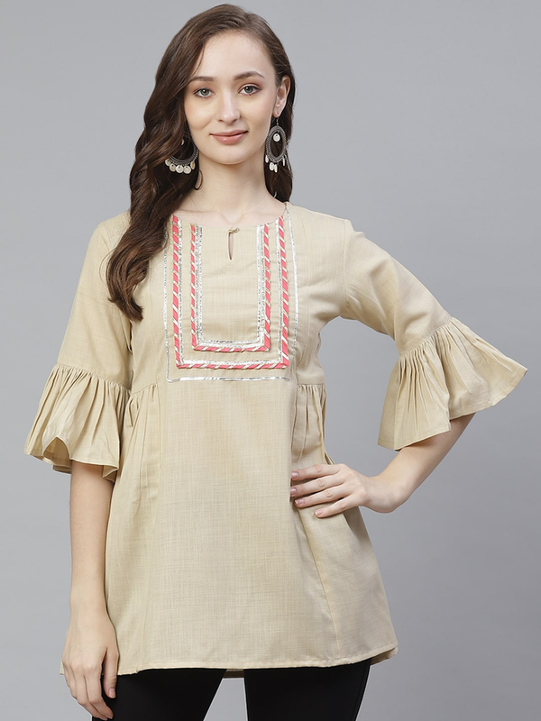 Women's  Beige Yoke Design Tunic - Wahe-NOOR